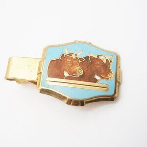 Vintage Tie Clip Bar Cow and Bull Guilloche Enamel classic Men's Suit Accessory